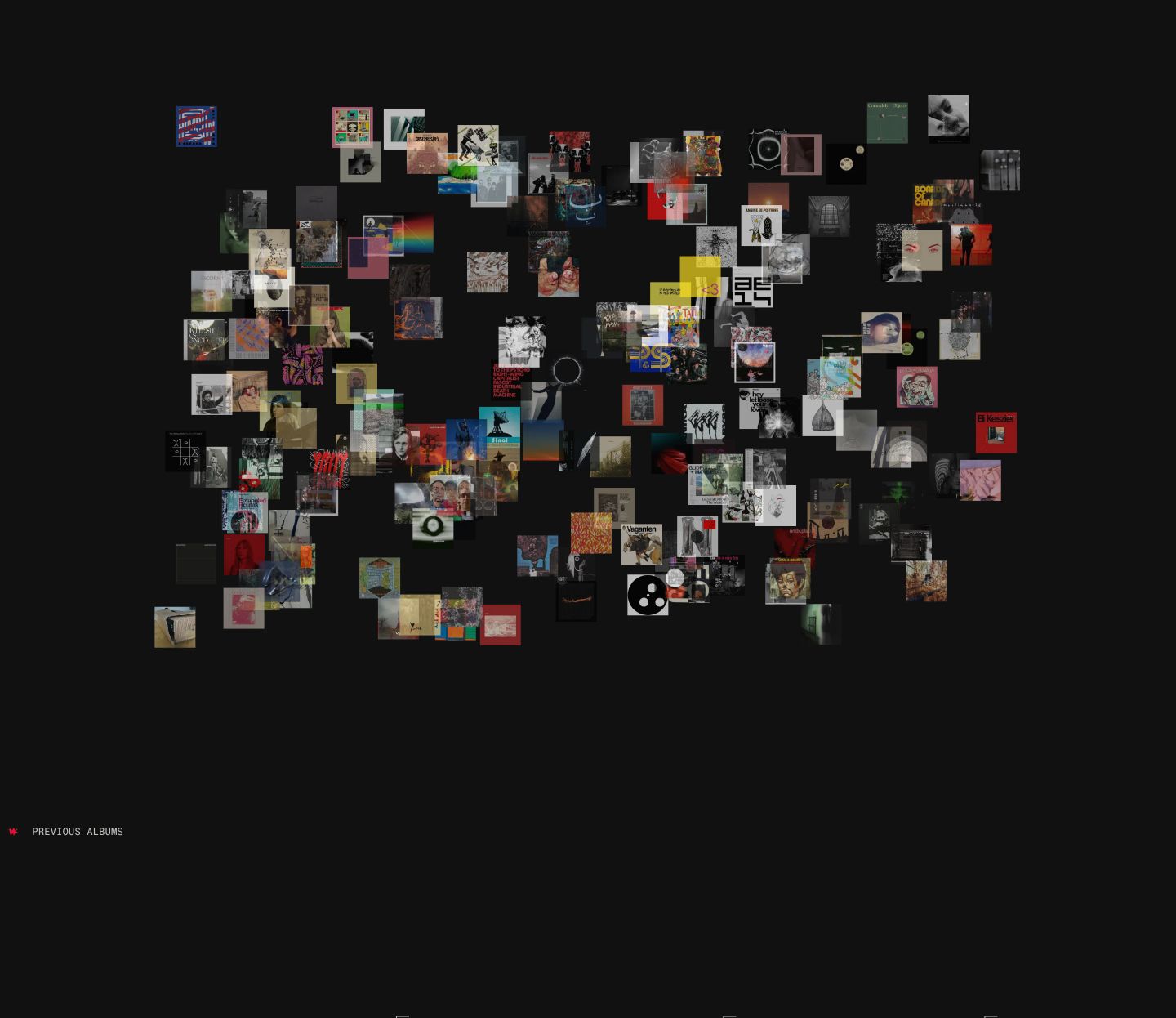 An experimental pitch-black digital canvas scattered with an organic cloud of overlapping album art thumbnails and sparse monospaced typography.