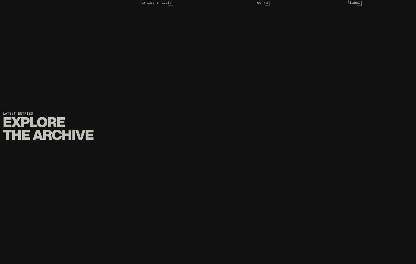 A vast, pitch-black minimal archive interface with heavy left-anchored typography and delicate monospaced indexing tags.