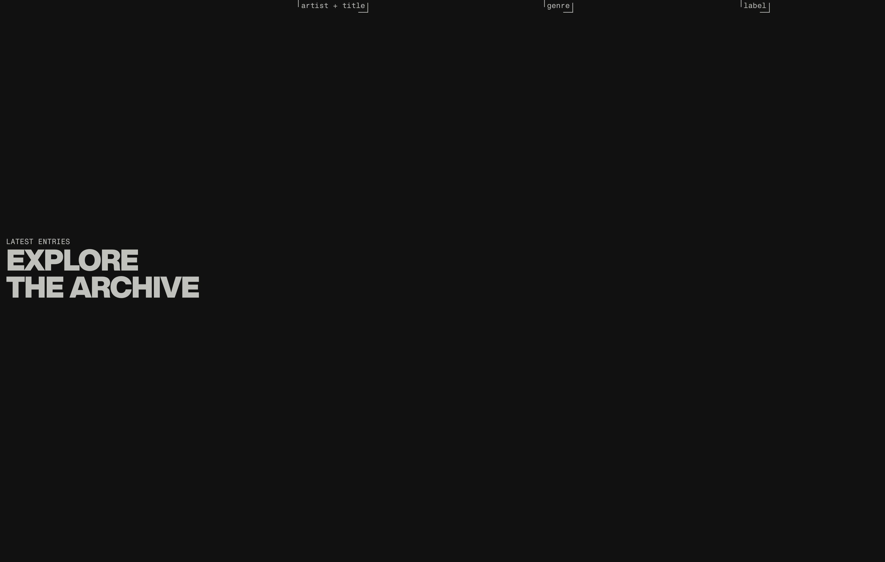 A vast, pitch-black minimal archive interface with heavy left-anchored typography and delicate monospaced indexing tags.