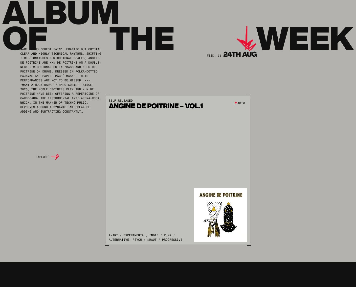 Raw brutalist album feature pairing massive oversized display lettering with dense monospaced columns and poster-like framing against a flat industrial grey background.