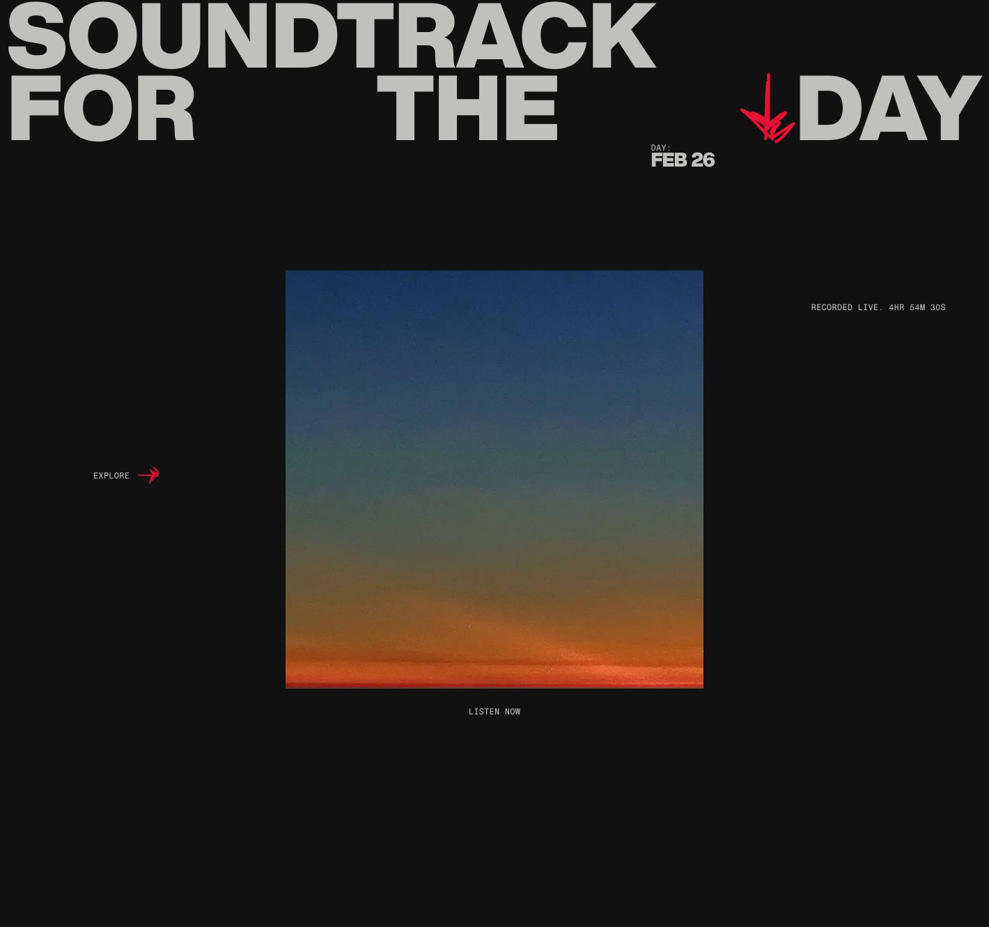 Dark, atmospheric audio feature section with heavy brutalist typography framing a central dusk sky photograph.