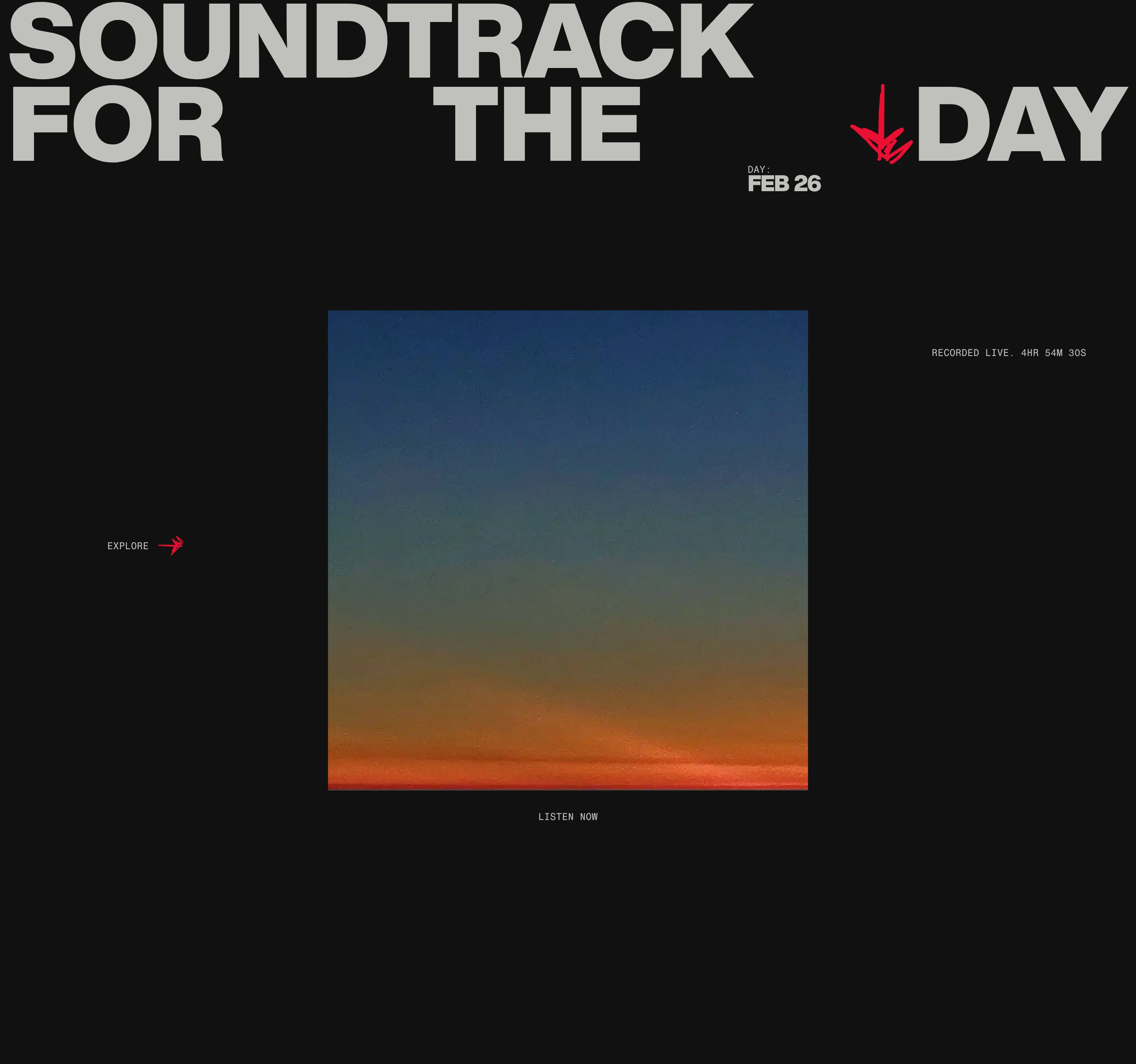 Dark, atmospheric audio feature section with heavy brutalist typography framing a central dusk sky photograph.