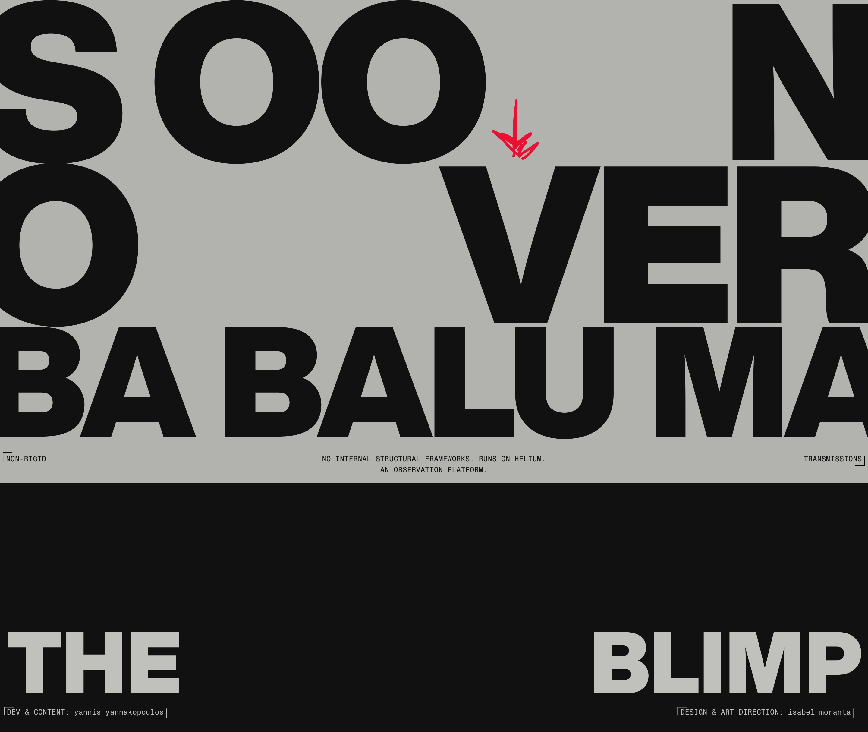 Monumental brutalist typography collides across high-contrast grey and black planes with technical monospaced micro-captions and an annotated editorial feel.