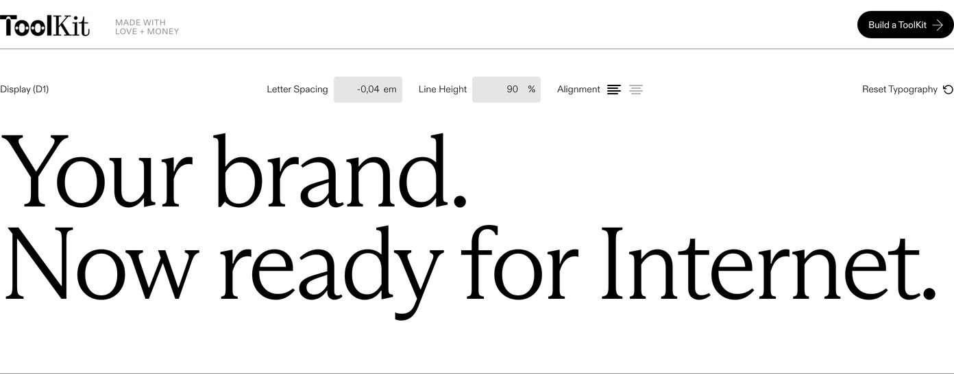 Interactive typographic hero presenting massive serif display type alongside functional type-tester controls over a crisp white layout.