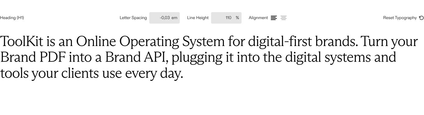 A precise, editorial typography specimen featuring interactive typesetting controls positioned directly above an expansive serif statement.