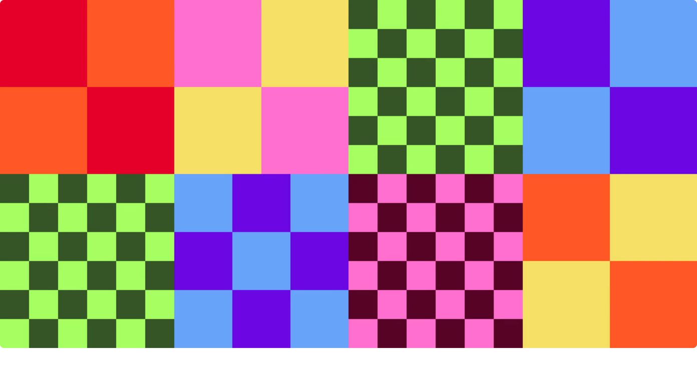 An energetic, chromatic checkerboard animation filling the frame with vibrant, playful pop-art geometric patterns.