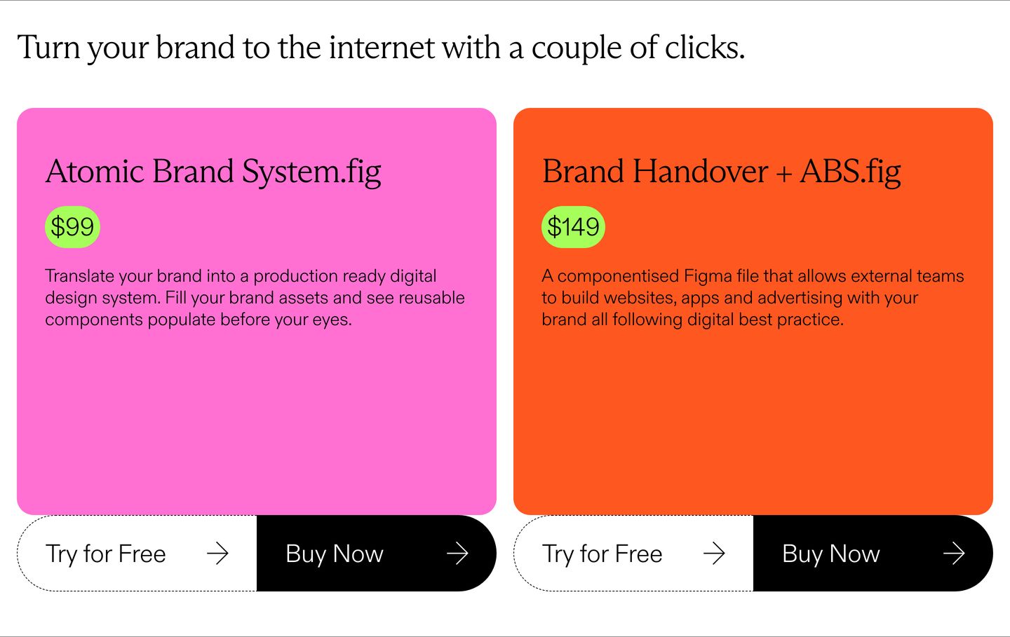 Vibrant and punchy pricing cards pairing saturated neon blocks with split pill action bars.