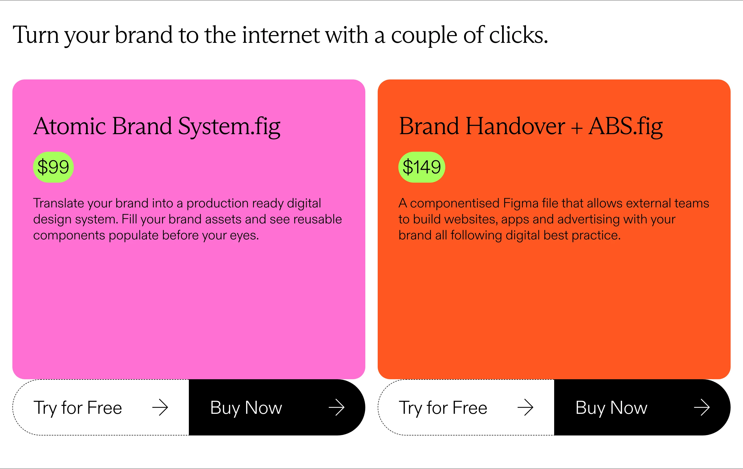 Vibrant and punchy pricing cards pairing saturated neon blocks with split pill action bars.