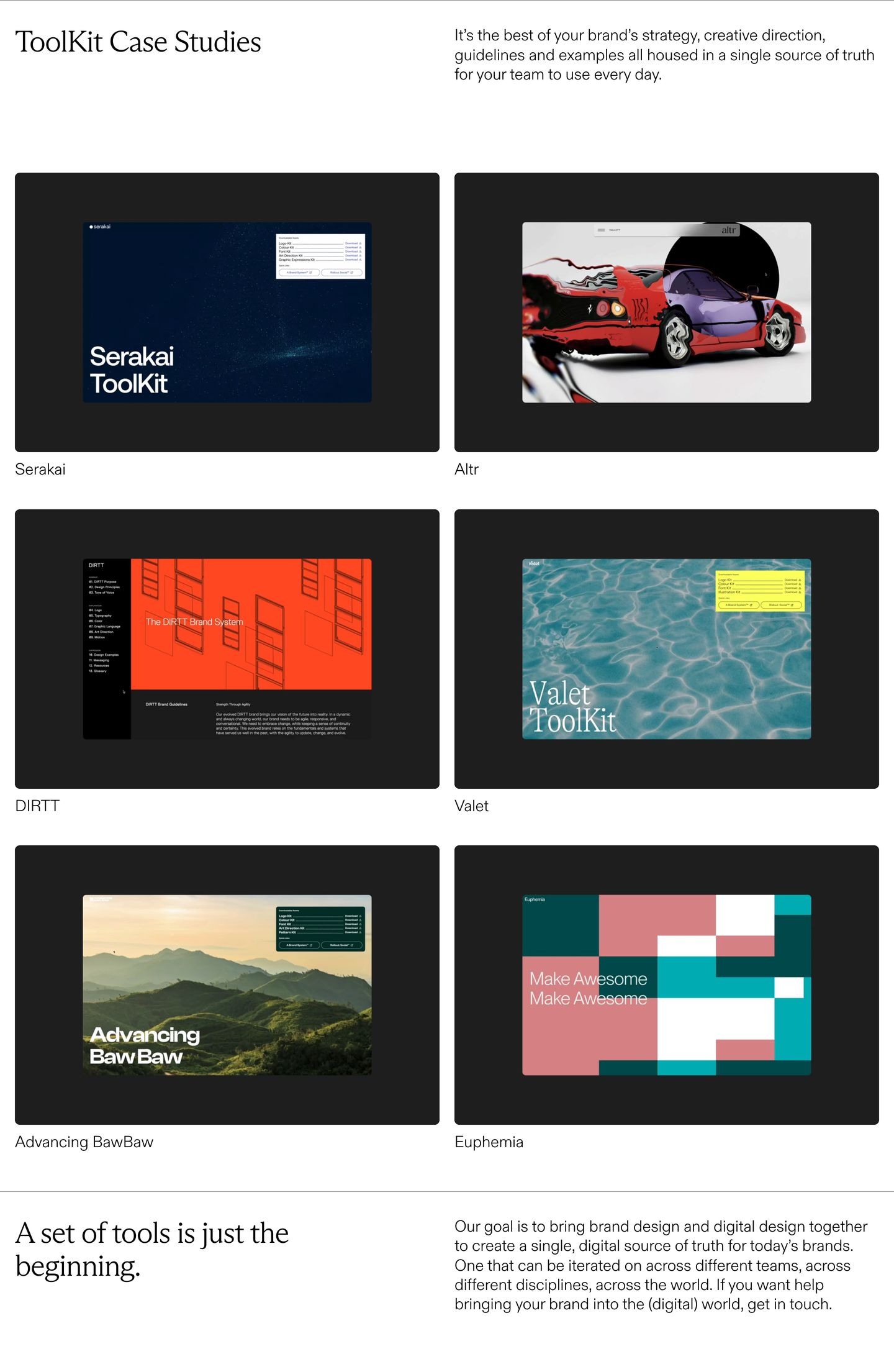 Clean editorial portfolio grid framing digital toolkit case studies within dark media cards across an airy white canvas.