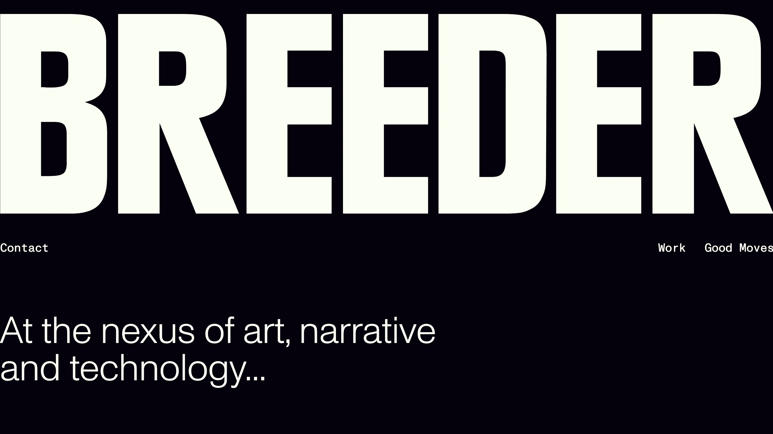 Massive edge-to-edge grotesque typography creates an imposing, starkly confident studio header against a deep black background.