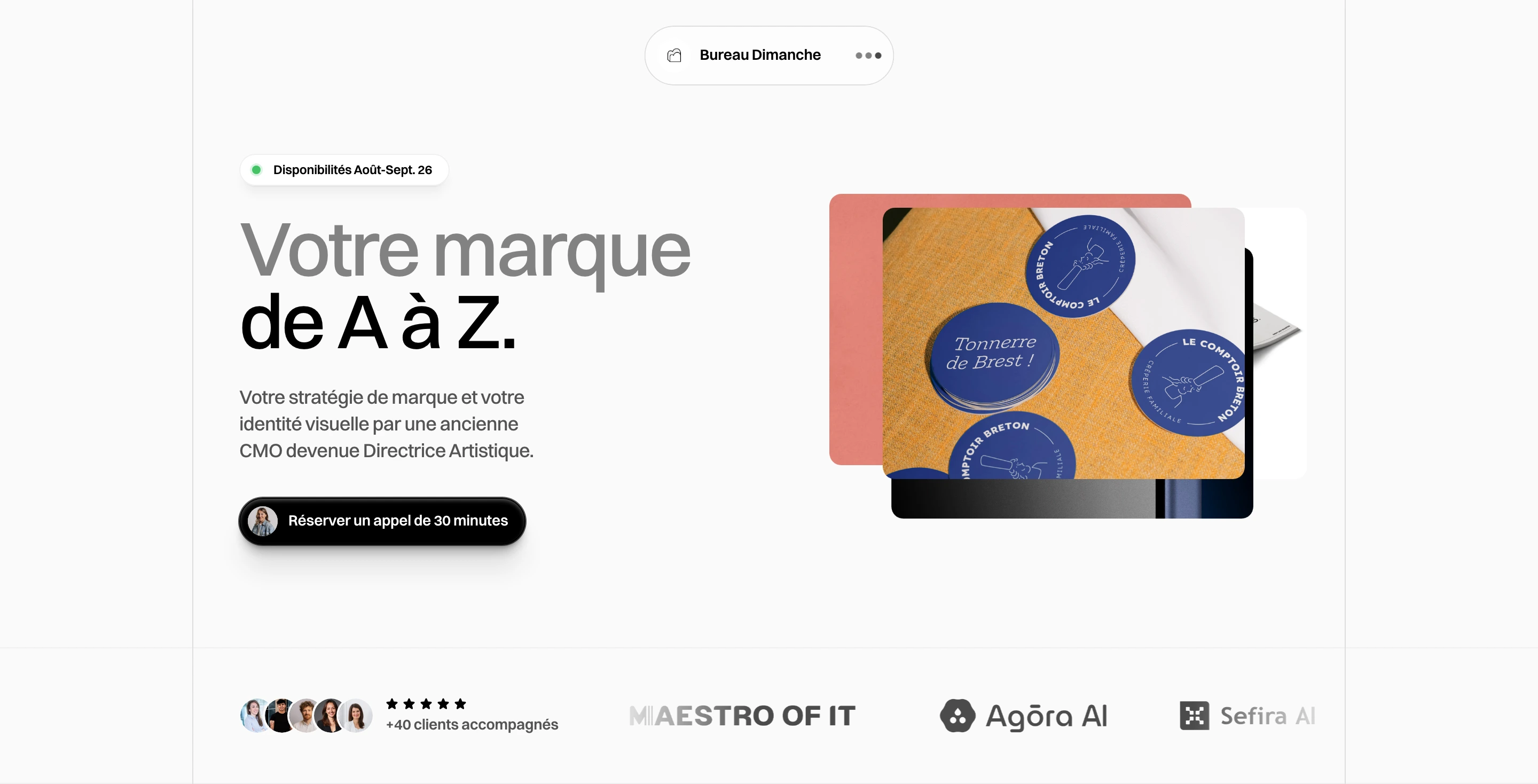 Clean and airy studio hero combining crisp modern grotesque typography, floating layered portfolio cards, and subtle pill-shaped badges.
