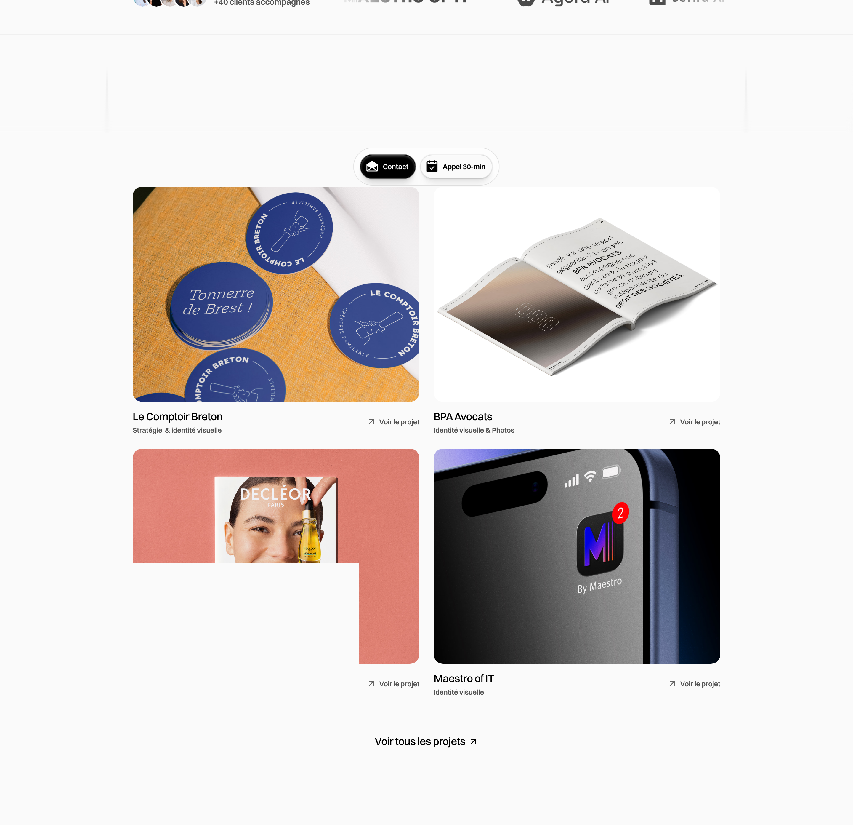 Clean minimal portfolio grid presenting selected studio case studies with crisp typography and subtle card framing.