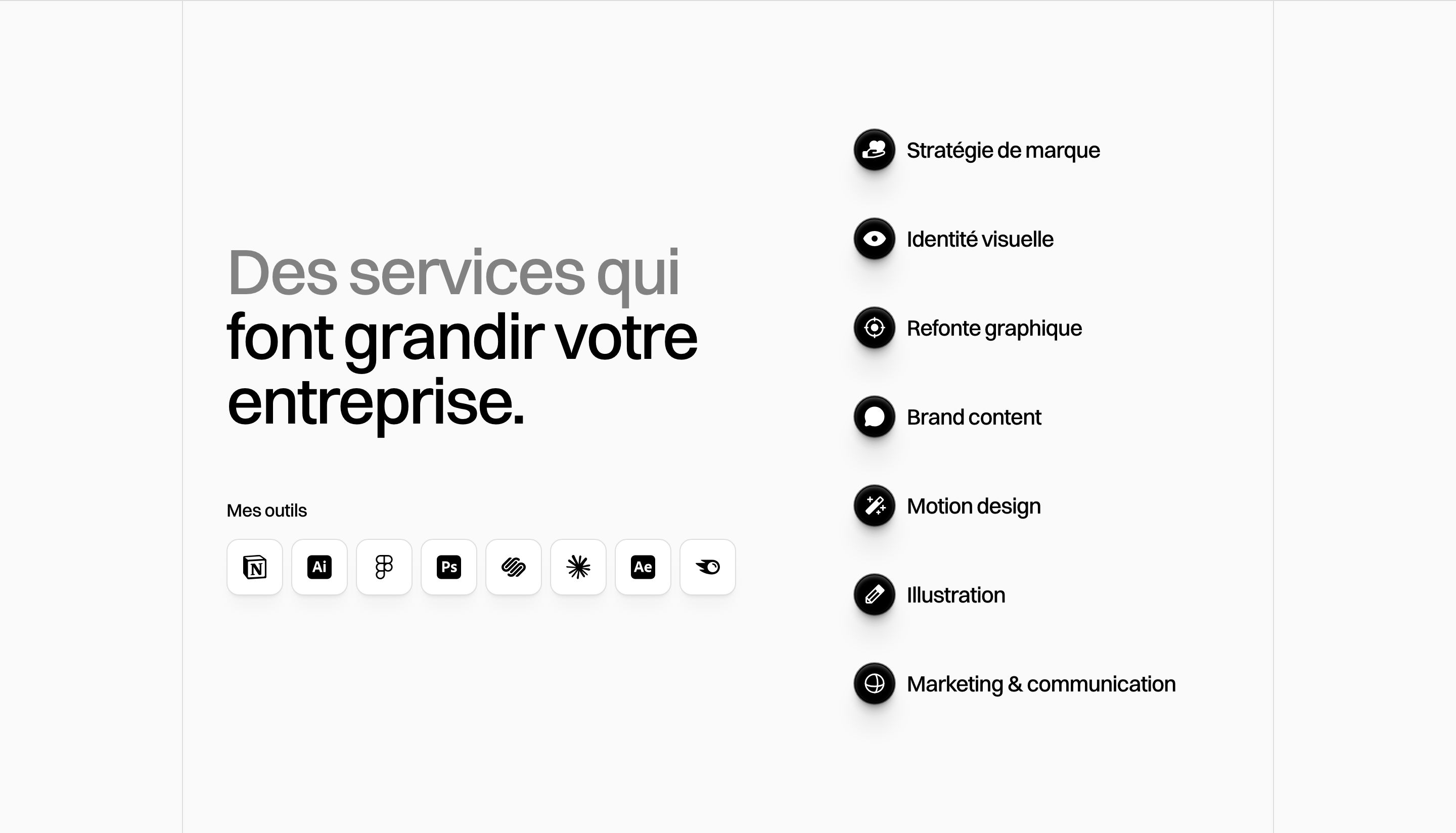 An airy monochrome service overview pairing sharp grotesque typography with tactile, soft-shadowed icon pills.
