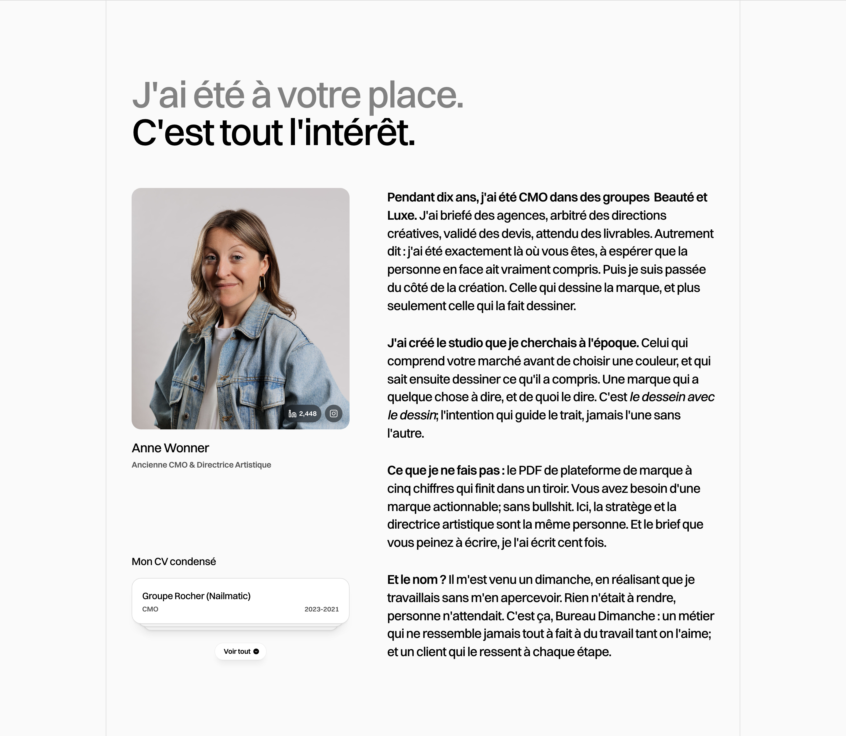 A clean, editorial founder profile section pairing a direct personal narrative with a warm portrait and a compact experience card.