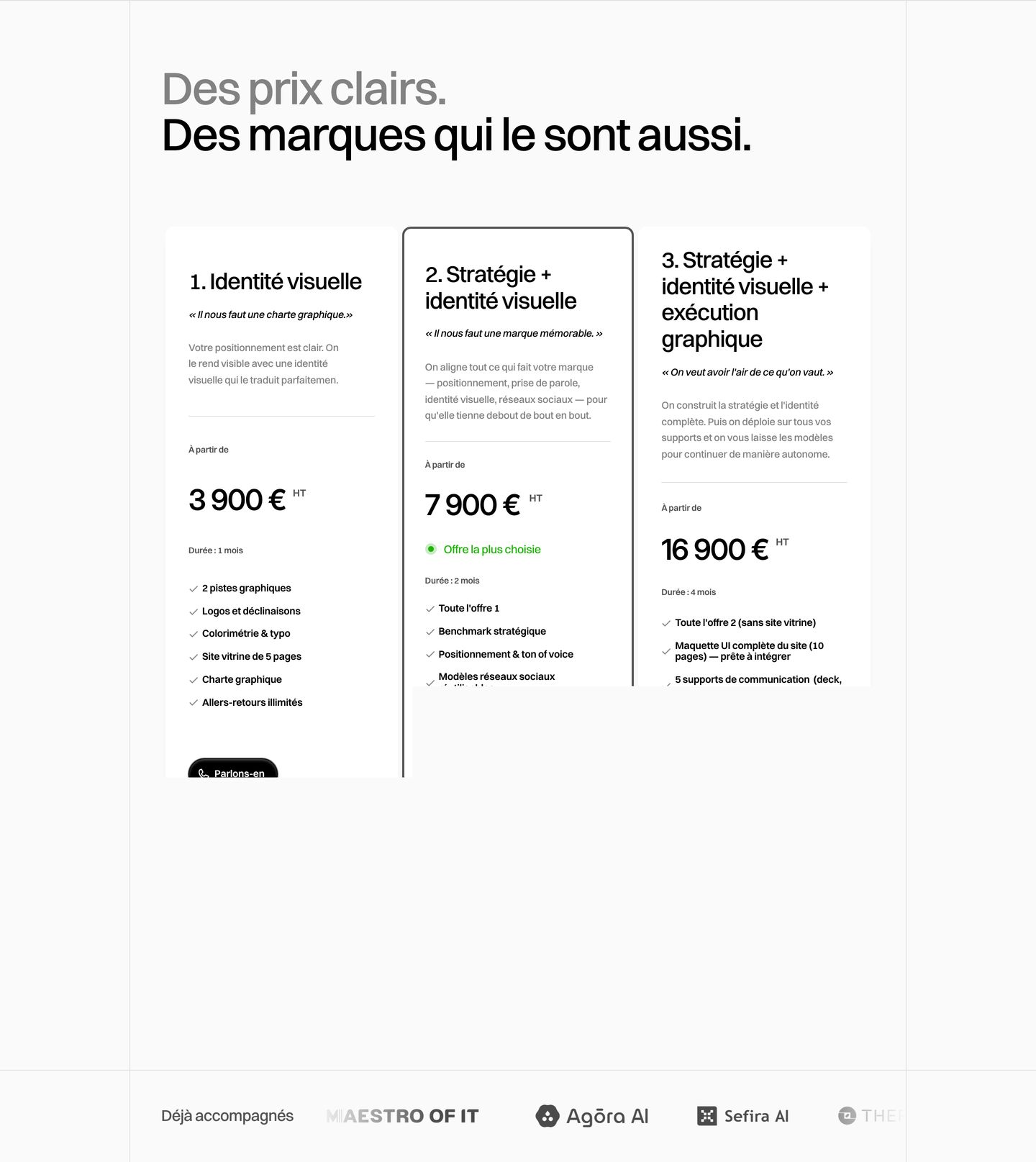 Clean, highly structured pricing grid with crisp Swiss typography and precise hierarchy on a light canvas.