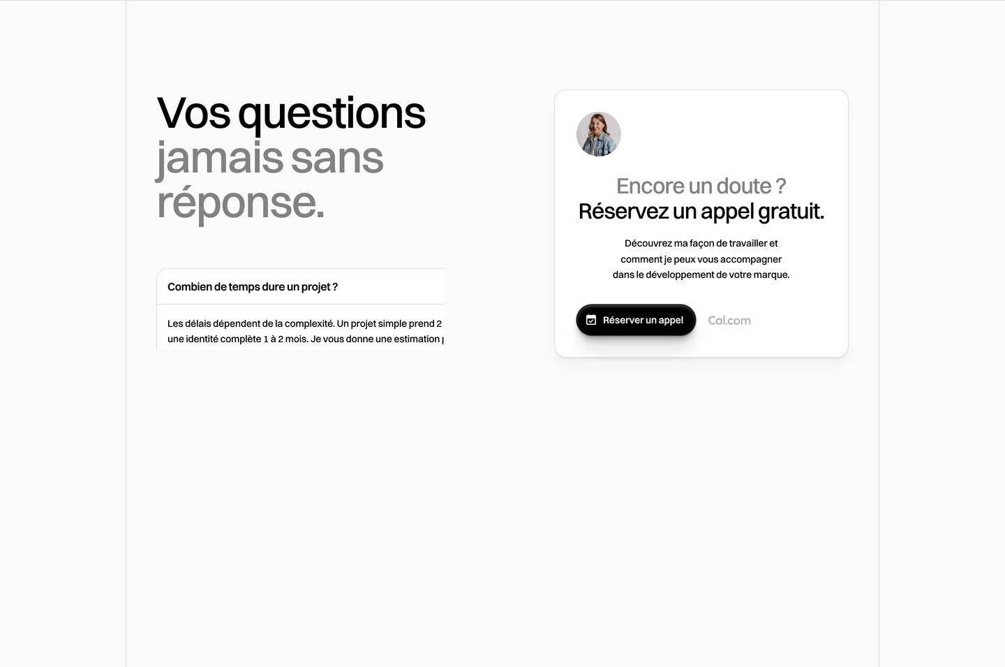 An airy and minimalist FAQ section pairing high-contrast typography with a clean floating booking card.