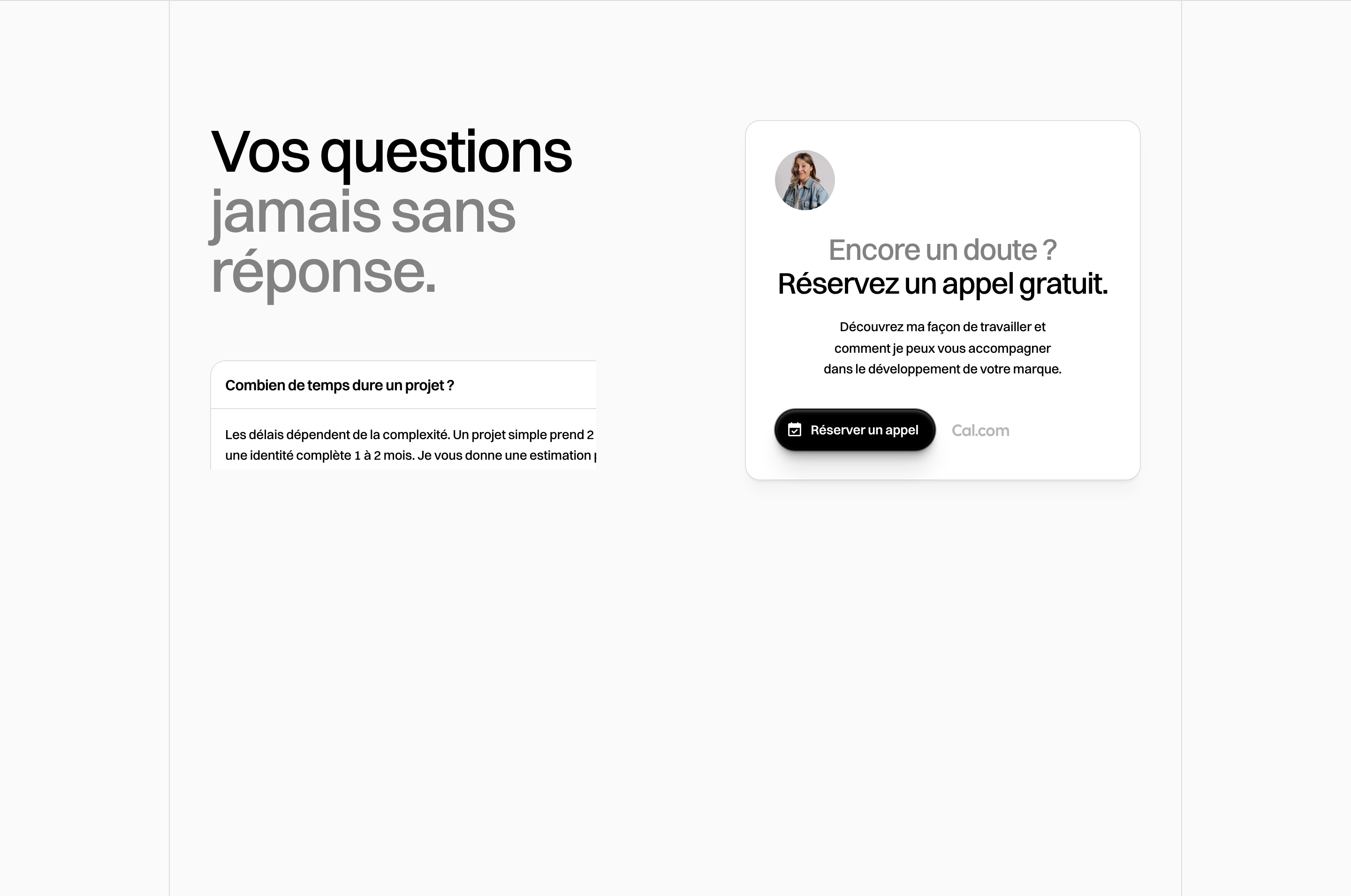 An airy and minimalist FAQ section pairing high-contrast typography with a clean floating booking card.