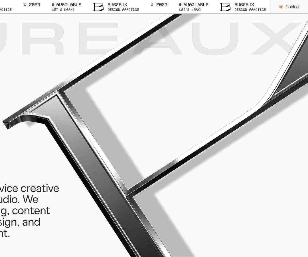 Massive sculpted chrome typography dominates a stark gallery layout with repeating ticker-tape headers and subtle background watermarks.