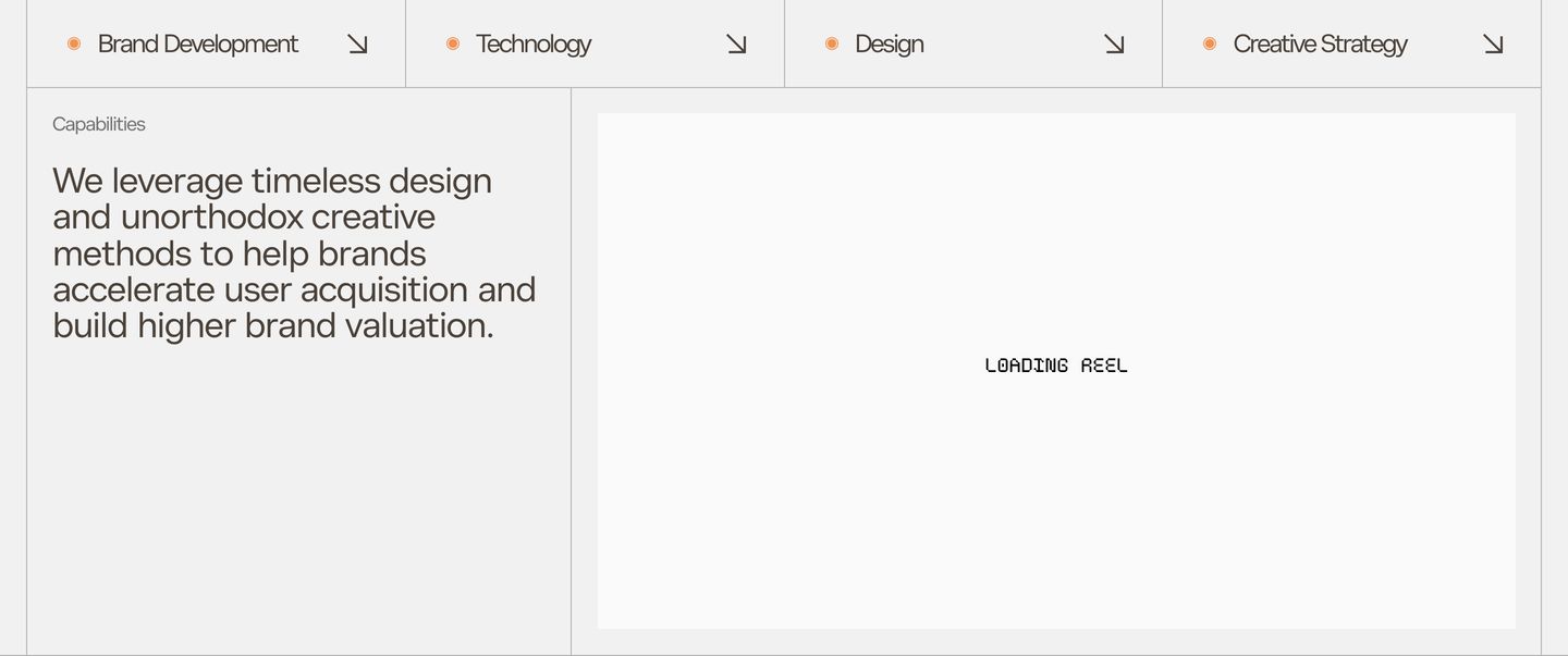 Structured grid layout with restrained typographic hierarchy and a prominent split container awaiting video playback.