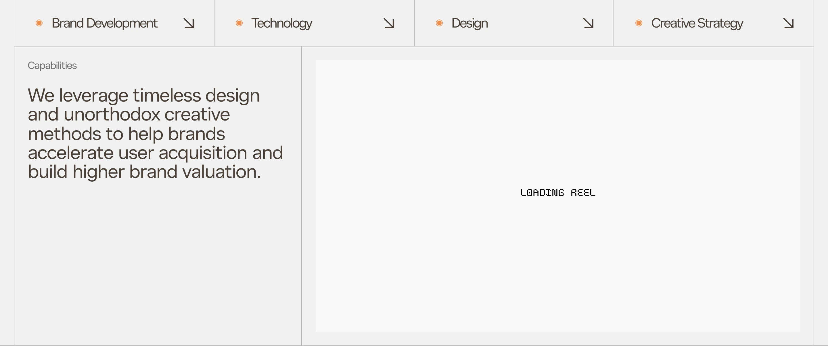 Structured grid layout with restrained typographic hierarchy and a prominent split container awaiting video playback.
