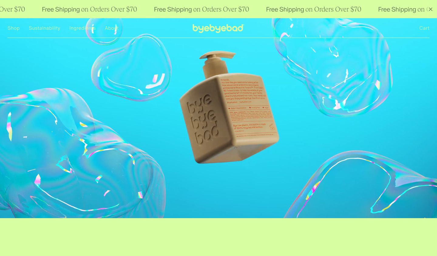 Iridescent soap bubbles float dynamically around a 3D product render set against a bright turquoise and lime backdrop.