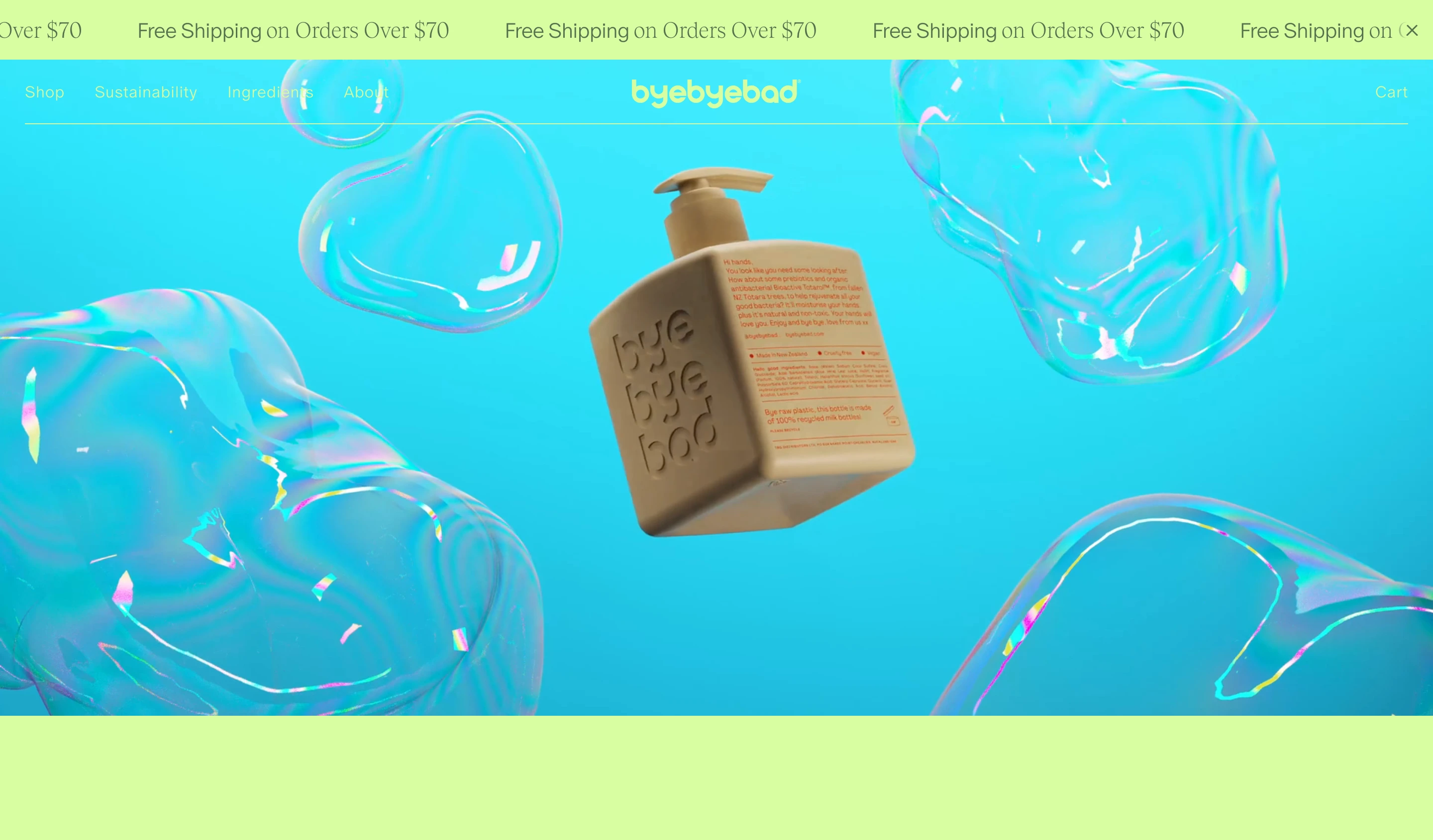 Iridescent soap bubbles float dynamically around a 3D product render set against a bright turquoise and lime backdrop.
