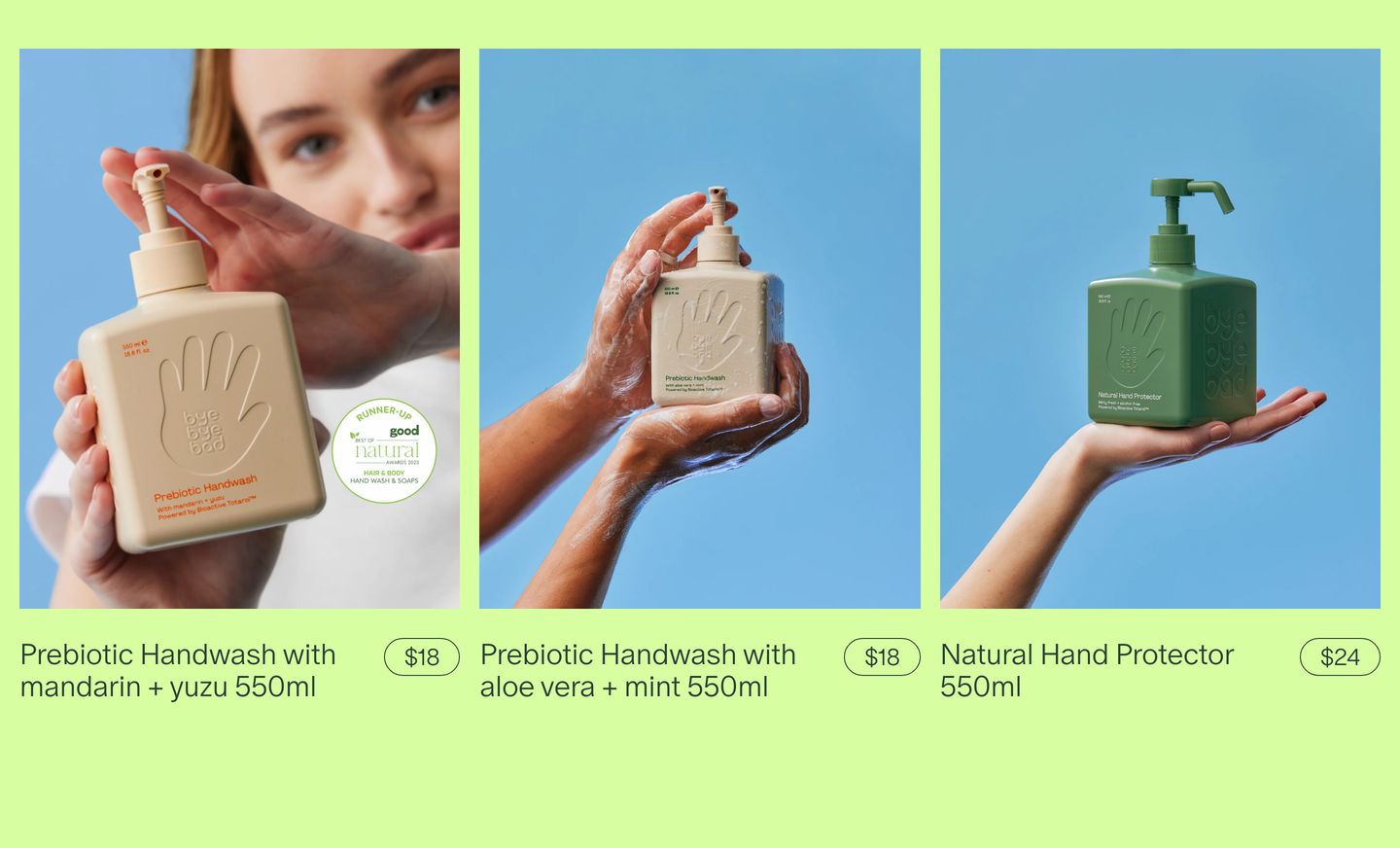 Vibrant chartreuse product showcase featuring three tactile handwash bottles framed by bright blue sky photography and subtle pill price tags.