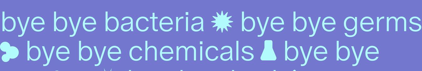A rhythmic, pastel periwinkle ticker ribbon interspersing cheerful benefit copy with whimsical graphic icons.