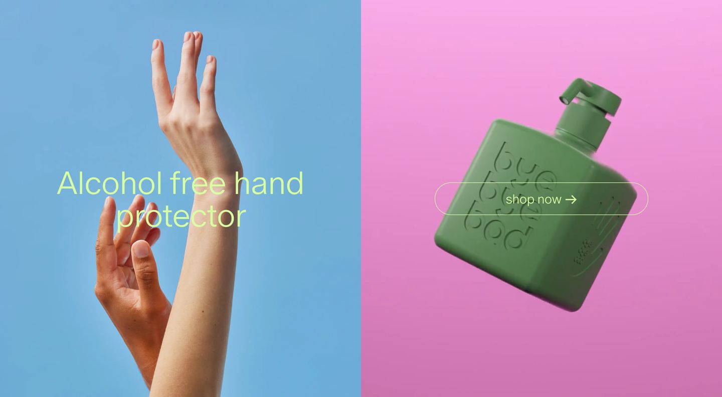 Vibrant two-tone split showcase contrasting sky blue and hot pink with pastel lime typography and floating product.
