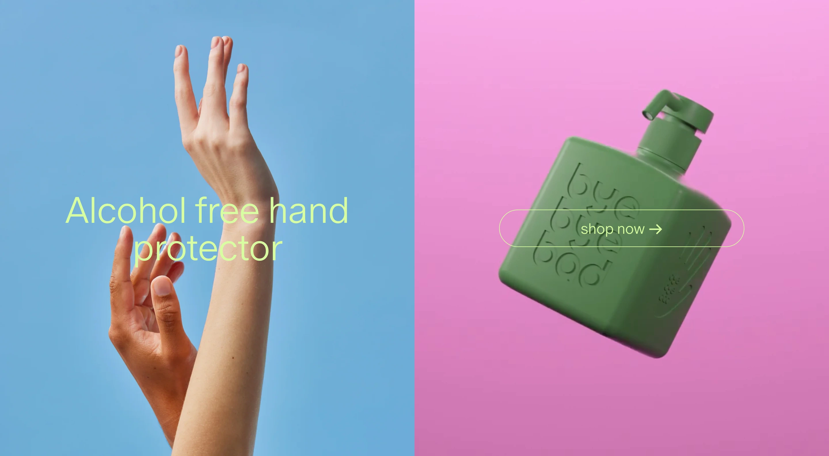 Vibrant two-tone split showcase contrasting sky blue and hot pink with pastel lime typography and floating product.