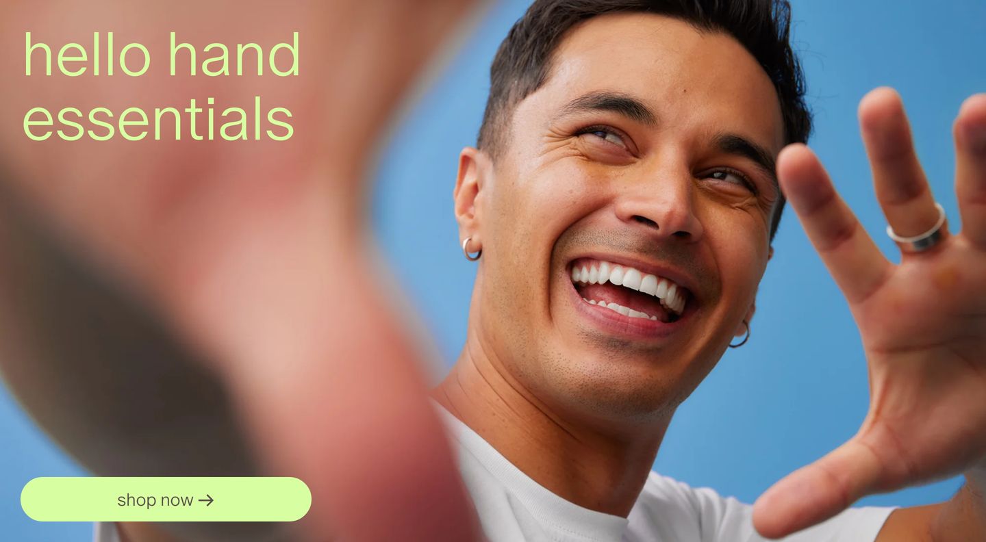 Joyful full-bleed lifestyle banner featuring expressive photography framed by all-lowercase lime green typography and a matching pill button.