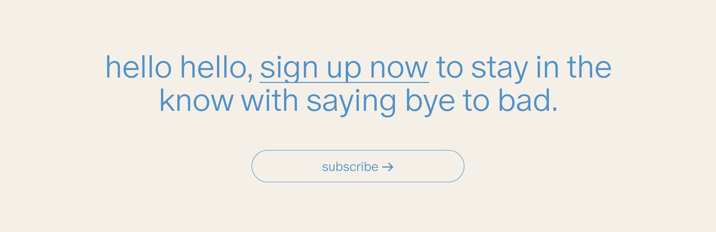 Soft cream newsletter CTA section featuring friendly lowercase blue typography with an underlined link and an outlined pill button.