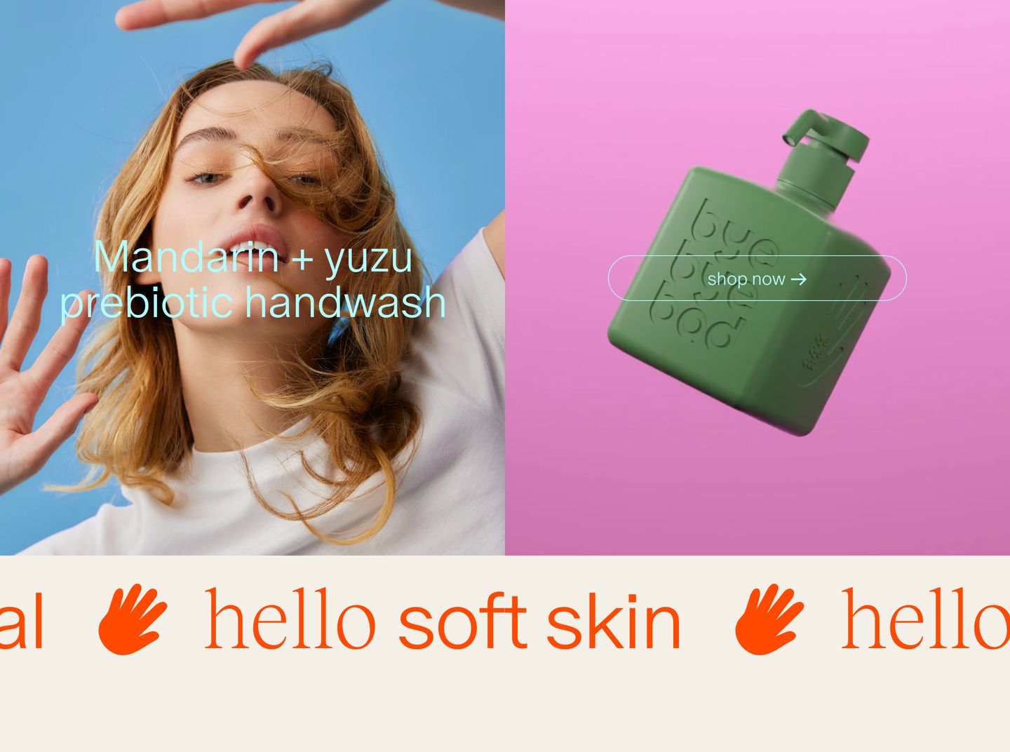 Vibrant, sun-drenched beauty showcase pairing saturated split-screen product photography with an energetic lower marquee ticker.