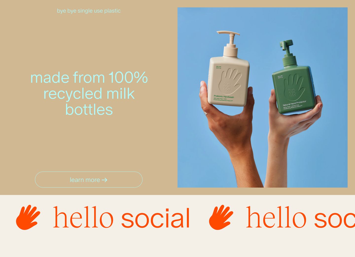 Tactile, warm product feature pairing soft sand tones and cyan typography with clean studio photography above a bold graphic marquee.