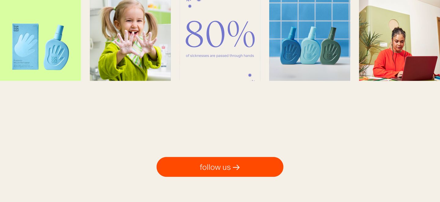 A cheerful social feed gallery strip floating above an expansive cream space anchored by a punchy orange pill button.
