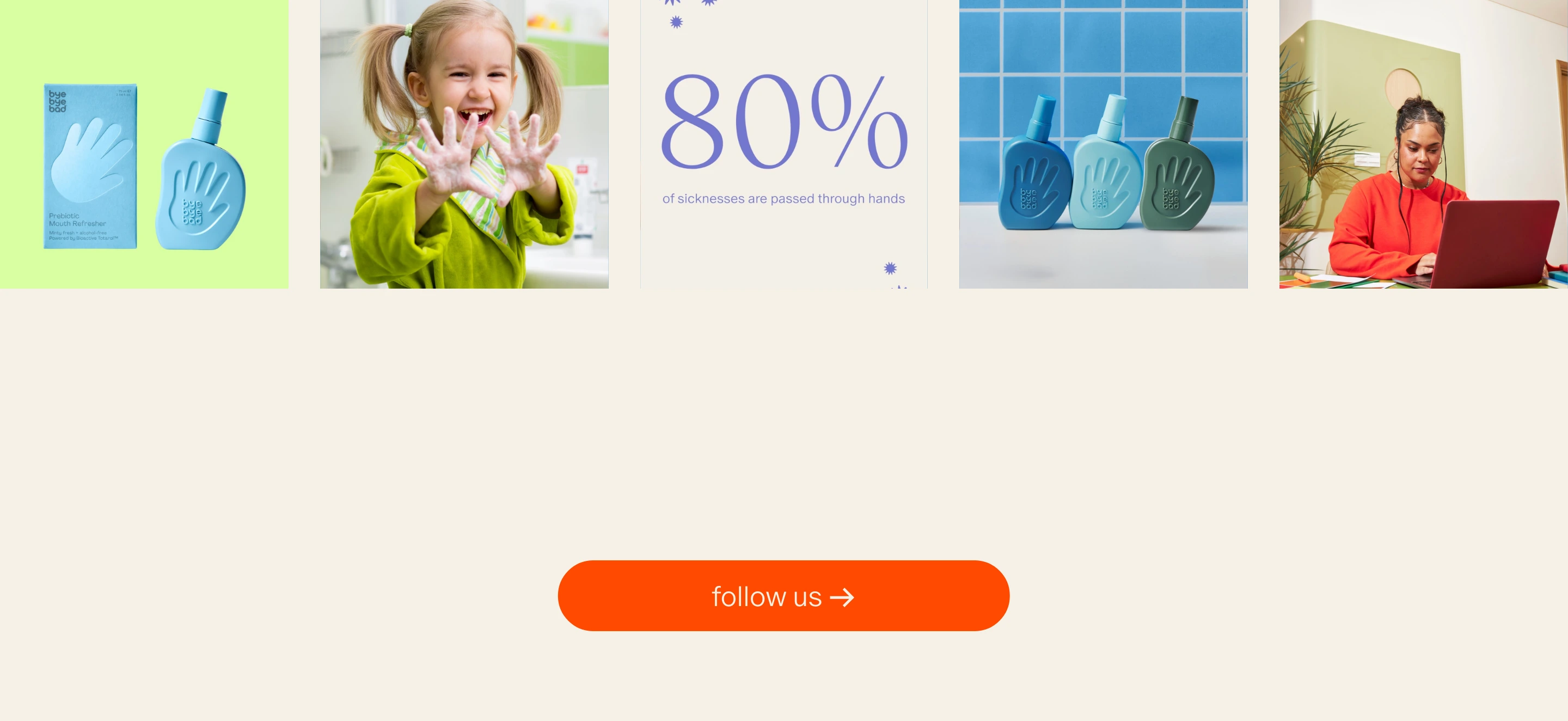 A cheerful social feed gallery strip floating above an expansive cream space anchored by a punchy orange pill button.