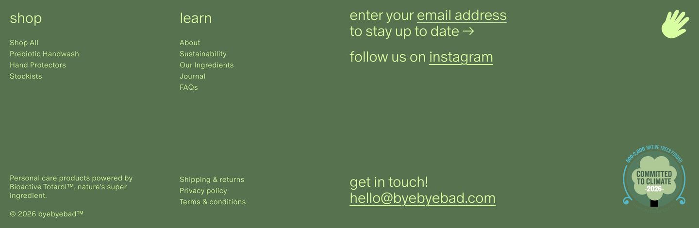 An earthy, all-lowercase olive green footer with airy multi-column spacing and subtle illustrative brand badges.