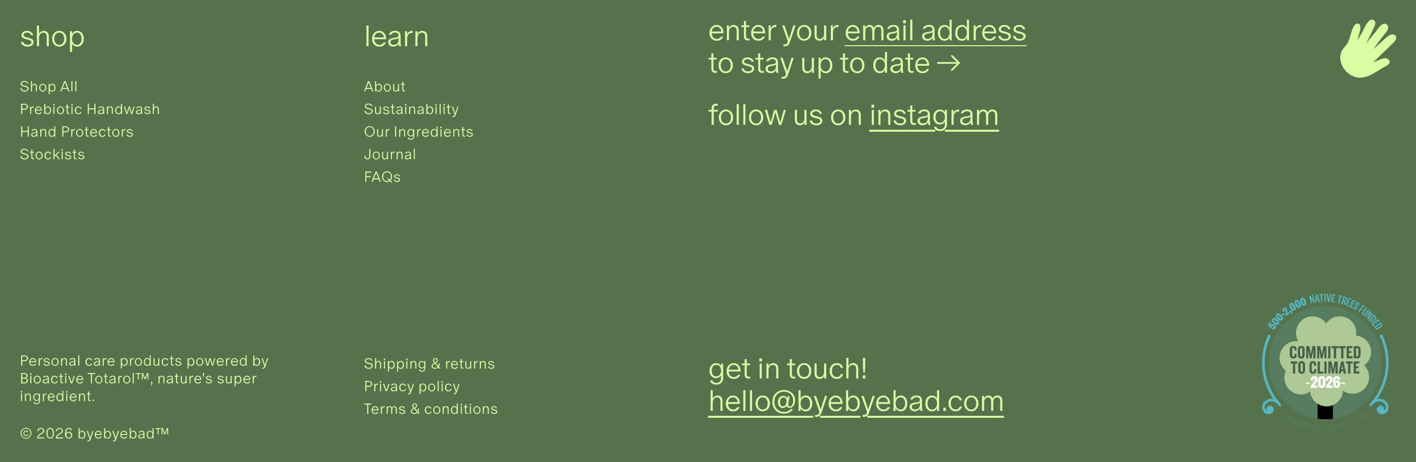 An earthy, all-lowercase olive green footer with airy multi-column spacing and subtle illustrative brand badges.