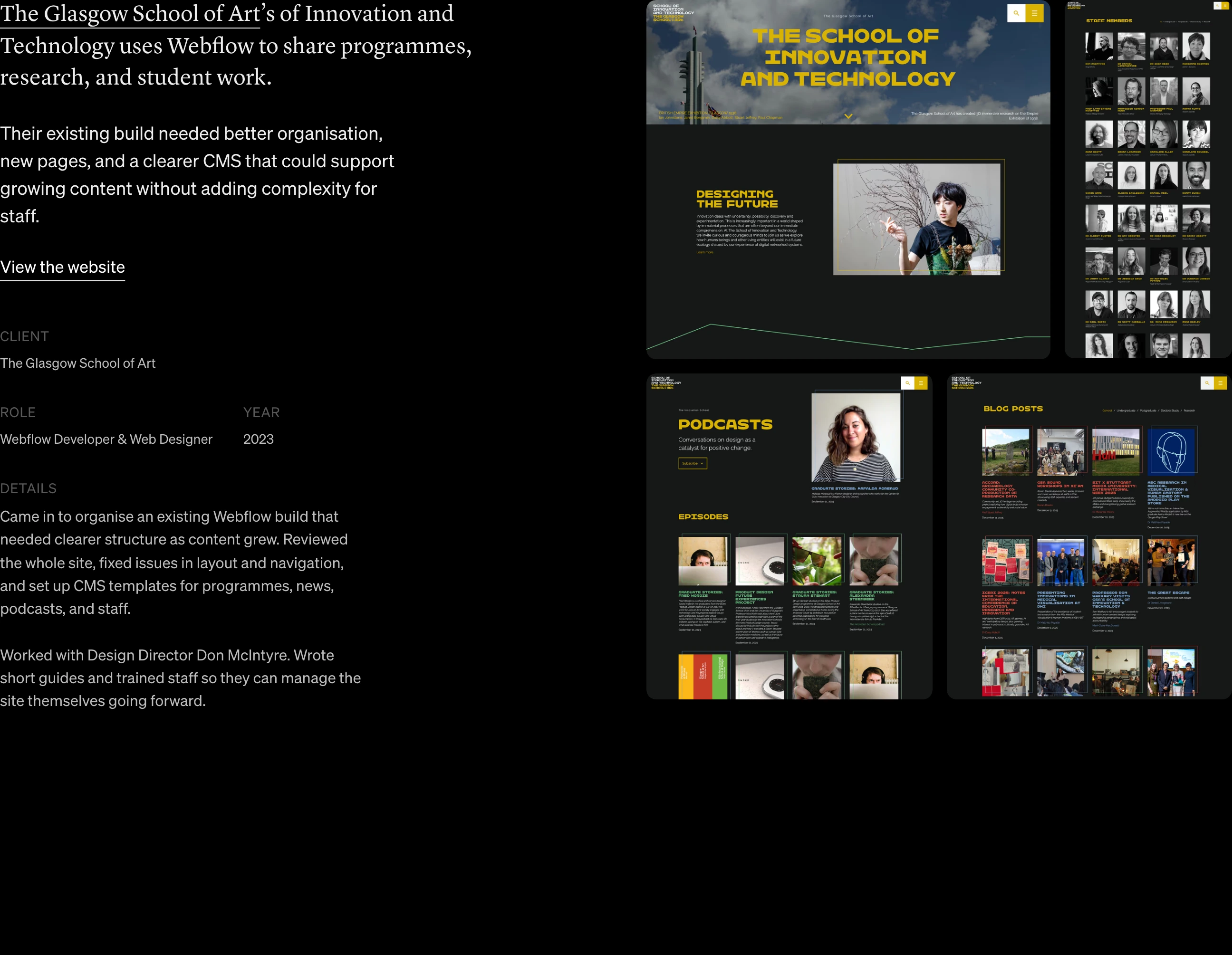 A quiet, dark portfolio case study pairing structured editorial project metadata on the left with modular website screenshots on the right.