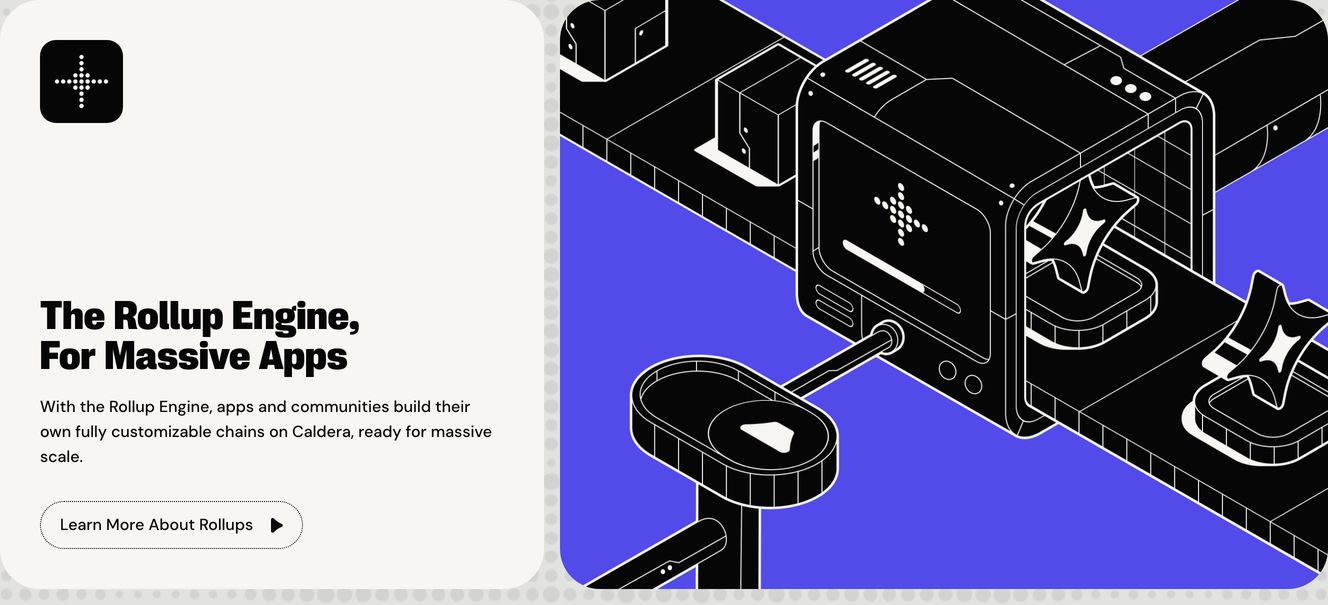 Stark split feature card pairing dense industrial typography with an intricate monochrome isometric machine illustration set against vivid purple.