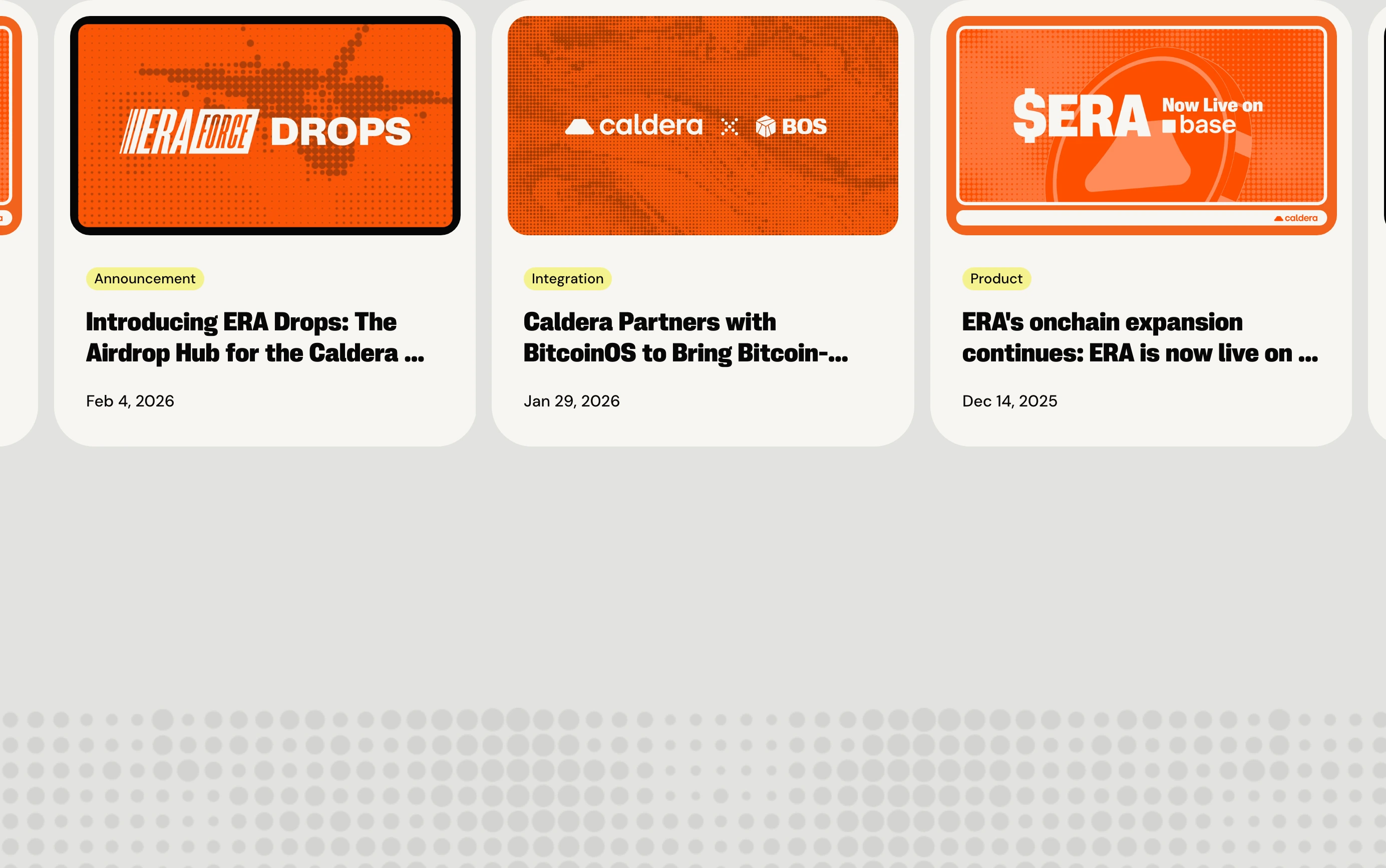 Vibrant orange media cards arranged in a horizontal row over a clean neutral backdrop with halftone dot patterning.