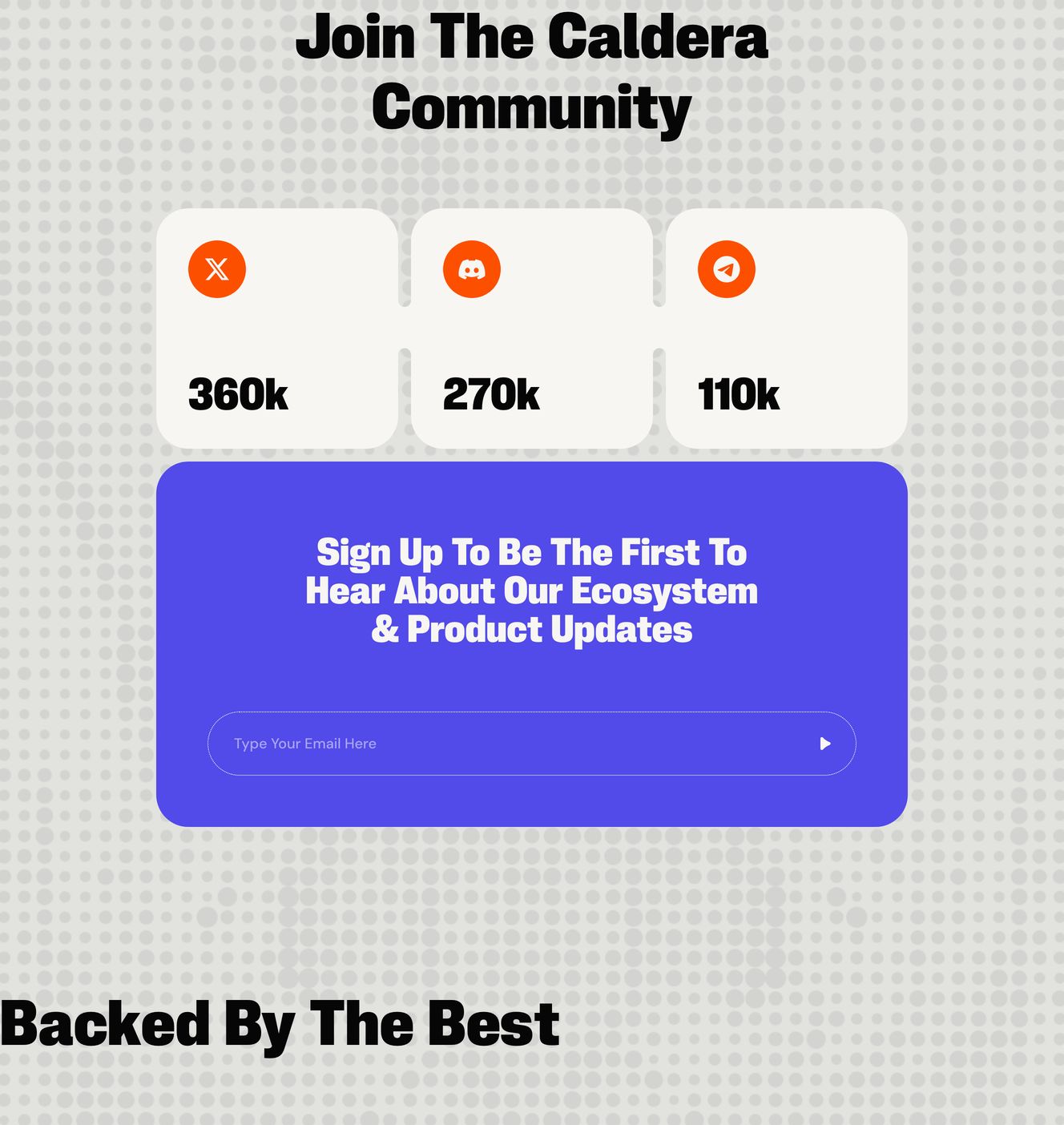Bold community hub featuring ultra-chunky condensed typography, stat cards, and an electric violet newsletter signup over a halftone pattern.