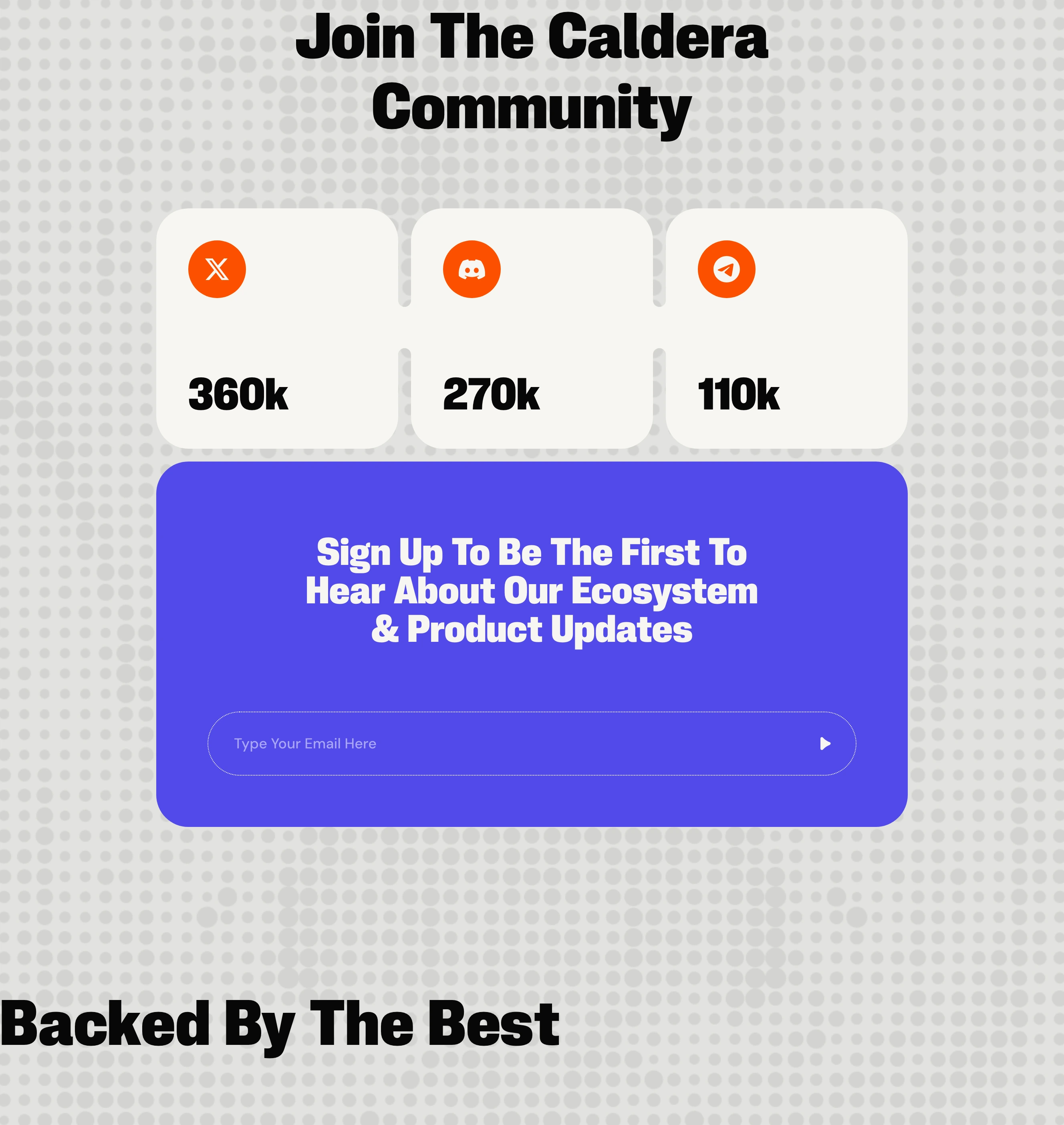 Bold community hub featuring ultra-chunky condensed typography, stat cards, and an electric violet newsletter signup over a halftone pattern.