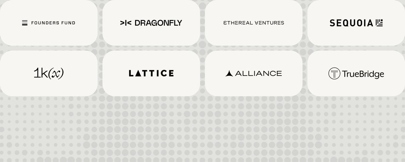 Clean investor logo grid displayed on soft white rounded cards over a subtle halftone dot pattern.