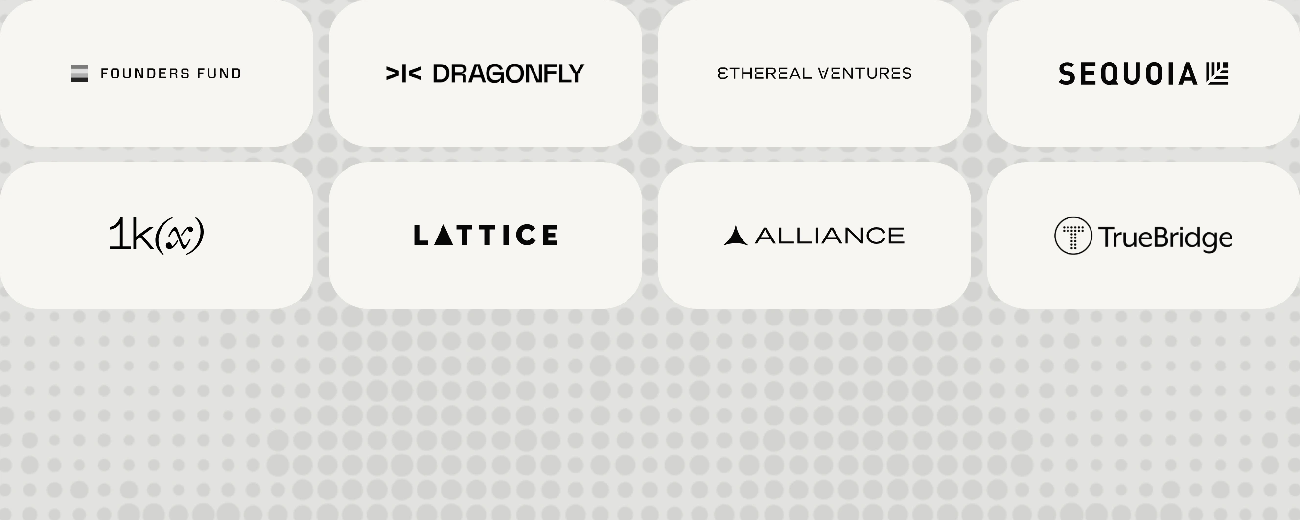 Clean investor logo grid displayed on soft white rounded cards over a subtle halftone dot pattern.
