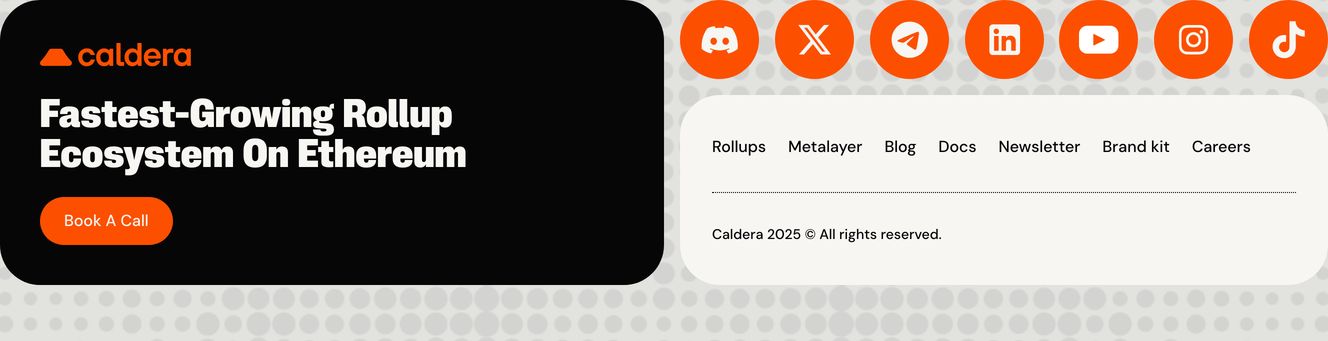 Punchy modular footer pairing a high-contrast black CTA card with bright orange circular social icons over a dotted halftone texture.