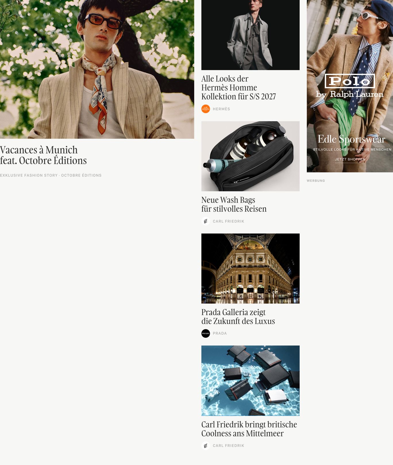 Sophisticated fashion editorial grid pairing tailored photography with elegant serif headlines and generous cream margins.