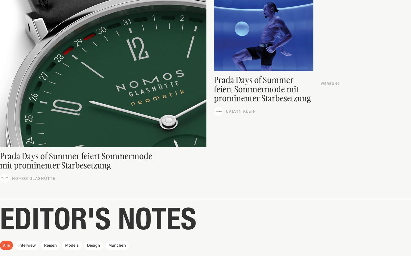 Clean editorial magazine layout pairing crisp luxury product imagery with bold condensed typography and pill navigation.