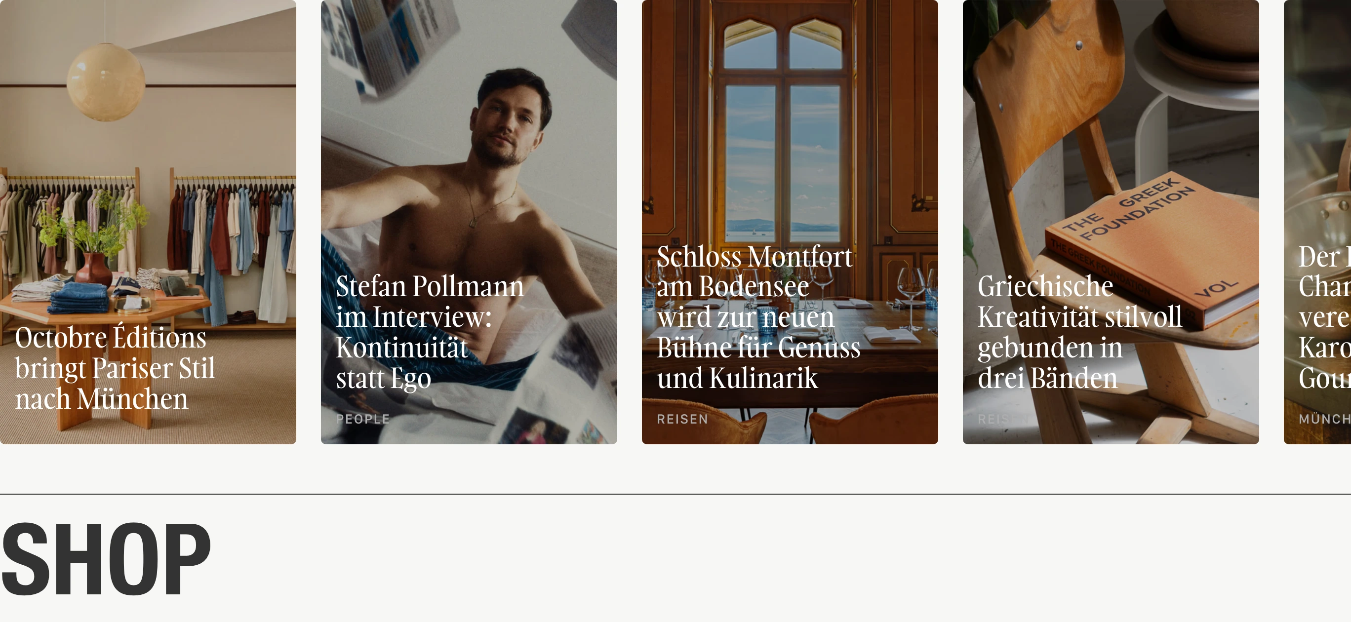 Refined lifestyle magazine card strip pairing warm portrait photography with elegant serif headlines and minimal category tags.