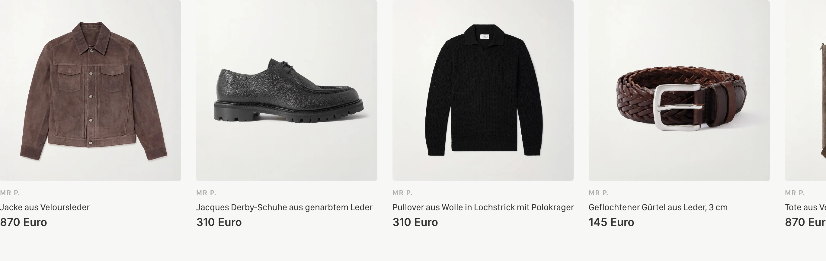 Clean, understated luxury menswear product carousel presenting curated apparel on warm neutral backgrounds.